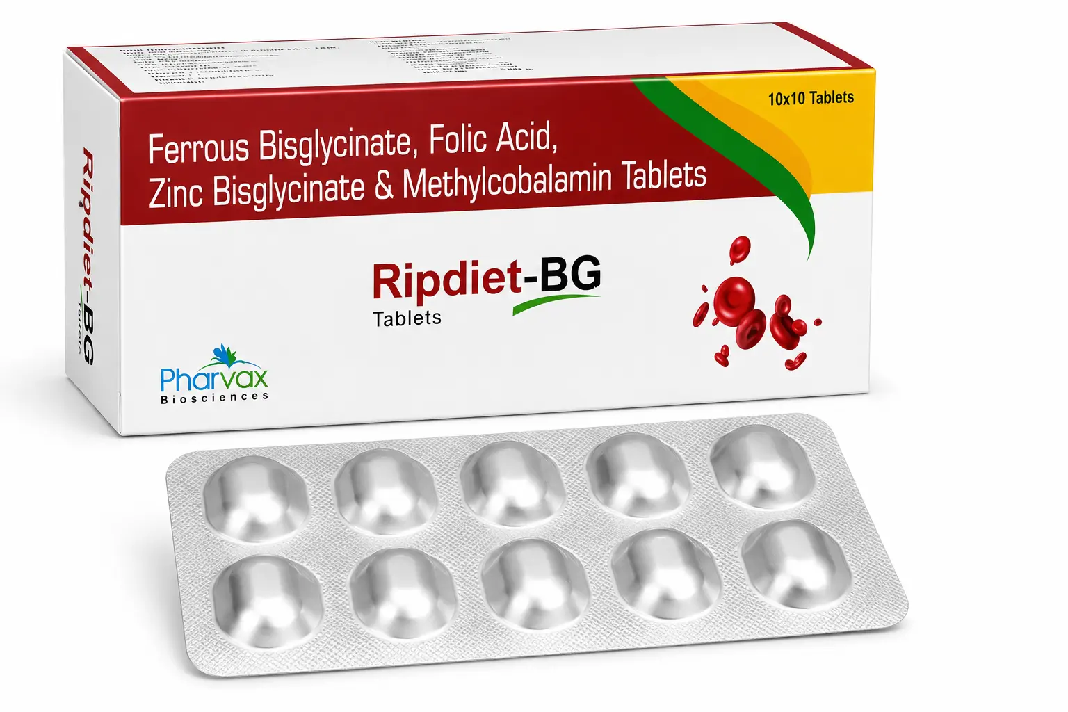 Ferrous Bisglycinate, Folic Acid, Zinc Bisglycinate & Methylcobalamin Tablets composition | Ripdiet-BG Tablets by Pharvax Biosciences with medicine box and blister pack for iron, vitamin B12, folate, and zinc nutritional support