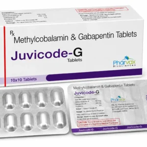 Methylcobalamin & Gabapentin Tablets composition | Juvicode-G Tablets by Pharvax Biosciences with medicine box and blister packs for neuropathic pain, nerve health, diabetic neuropathy, and peripheral neuropathy management