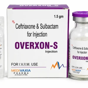 Ceftriaxone & Sulbactam for Injection 1.5 gm composition | OVERXON-S Injection by Medivaxia Pharma with injection vial, sterile diluent, and medicine box for hospital antibiotic therapy