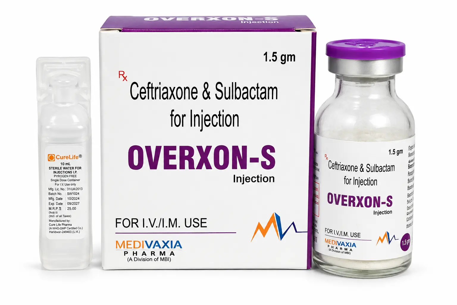 Ceftriaxone & Sulbactam for Injection 1.5 gm composition | OVERXON-S Injection by Medivaxia Pharma with injection vial, sterile diluent, and medicine box for hospital antibiotic therapy