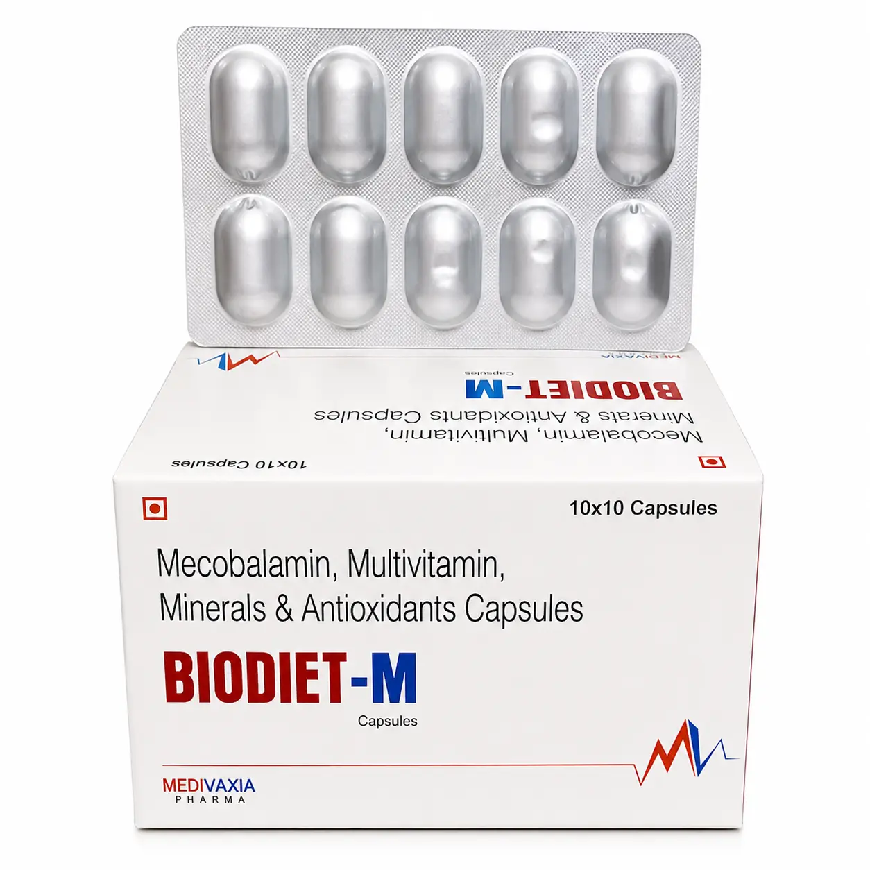 Mecobalamin, Multivitamin, Minerals & Antioxidants Capsules composition | BIODIET-M Capsules by Medivaxia Pharma with blister pack and medicine box for nerve health, vitamin deficiency, and nutritional support
