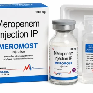 Meropenem Injection IP 1000 mg composition | MEROMOST Injection by Medivaxia Pharma with medicine box, injection vial, sterile water for injection, and tray for hospital intravenous antibiotic therapy