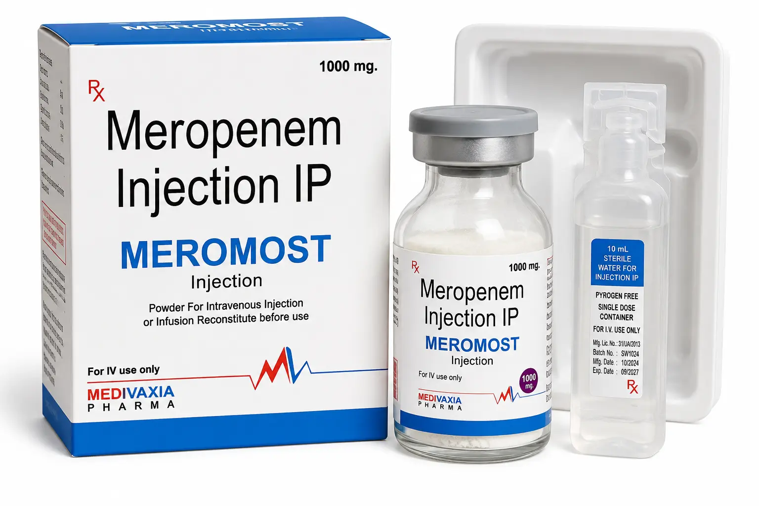 Meropenem Injection IP 1000 mg composition | MEROMOST Injection by Medivaxia Pharma with medicine box, injection vial, sterile water for injection, and tray for hospital intravenous antibiotic therapy