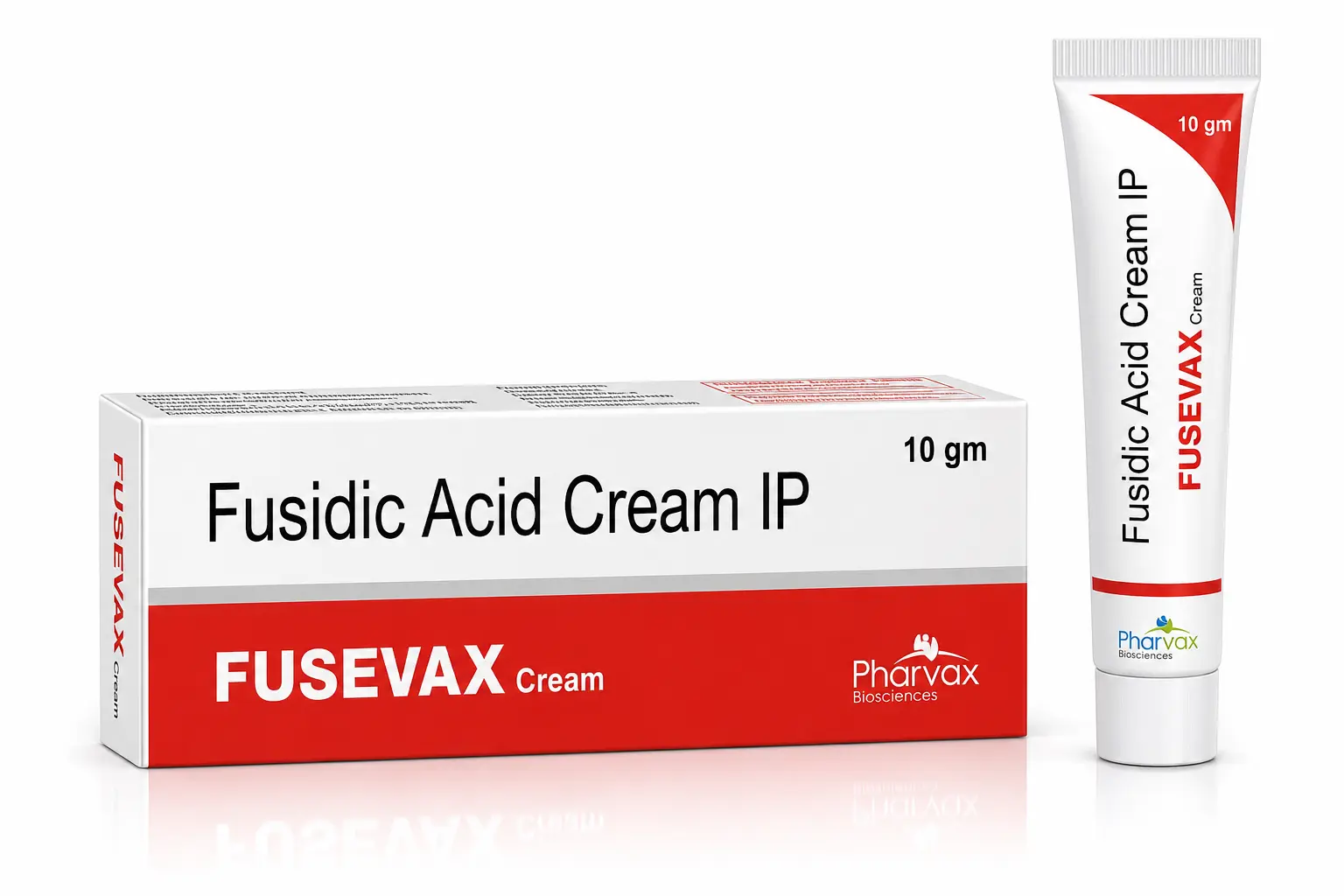 Fusidic Acid Cream IP composition | FUSEVAX Cream by Pharvax Biosciences antibiotic cream tube and carton for bacterial skin infections, impetigo, infected cuts, wounds, and dermatitis