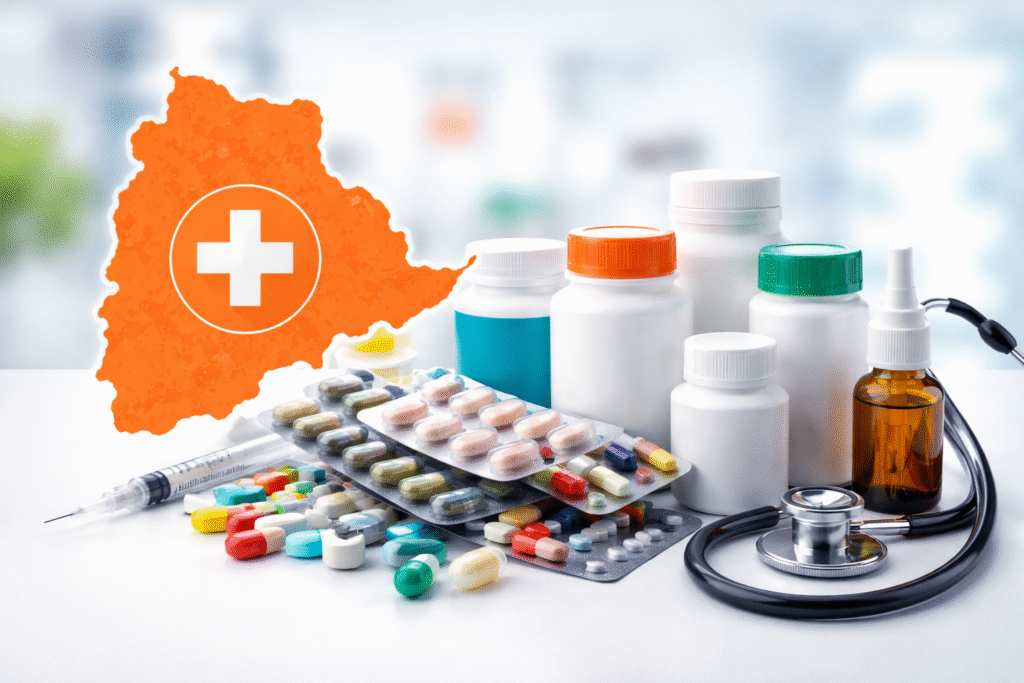 Pharma products and Telangana map