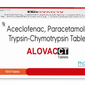 Aceclofenac, Paracetamol & Trypsin-Chymotrypsin Tablets composition | ALOVAC CT Tablets by Pharvax Biosciences for pain relief, inflammation reduction, swelling management, and musculoskeletal care